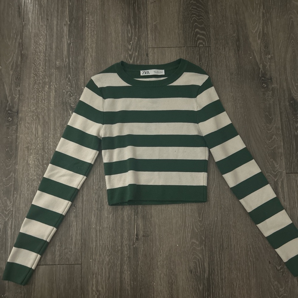 Zara Forest Green and Cream Striped Top